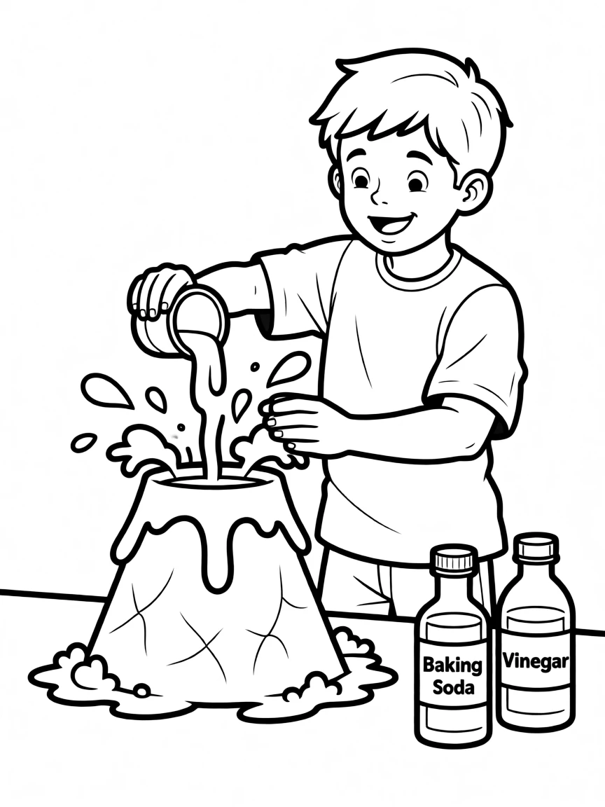 A boy making a "volcano" experiment with baking soda and vinegar.
