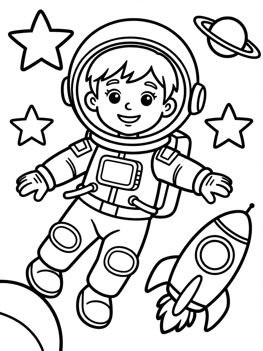 A boy pretending to be an astronaut, floating in outer space.