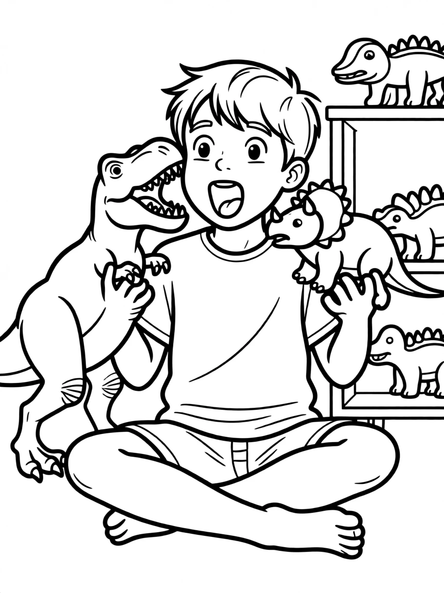 A boy playing with toy dinosaurs, making roaring sounds.