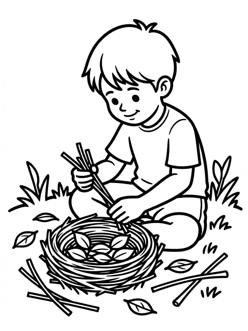 A boy making a "bird nest" out of twigs and leaves.