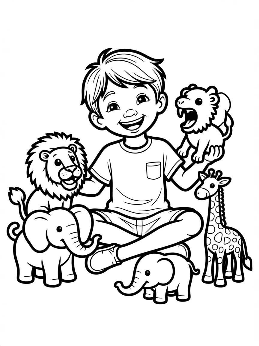 A boy playing with toy animals, making animal sounds.