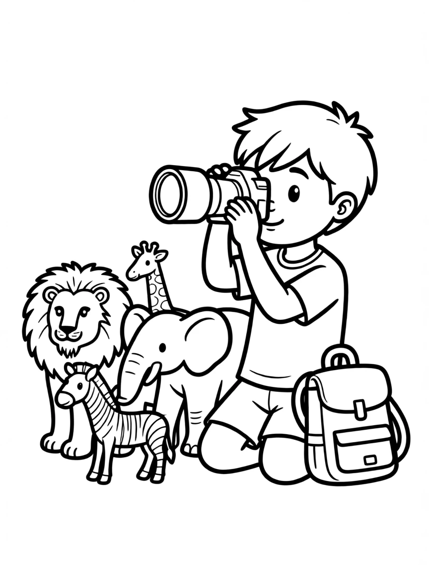 A boy pretending to be a wildlife photographer, taking pictures of toy animals.