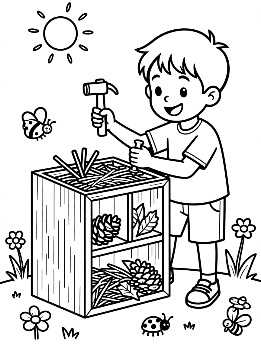 A boy making a "bug hotel" for insects.