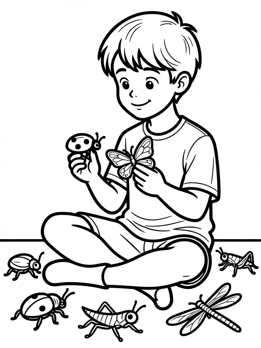 A boy playing with toy insects, observing their features.