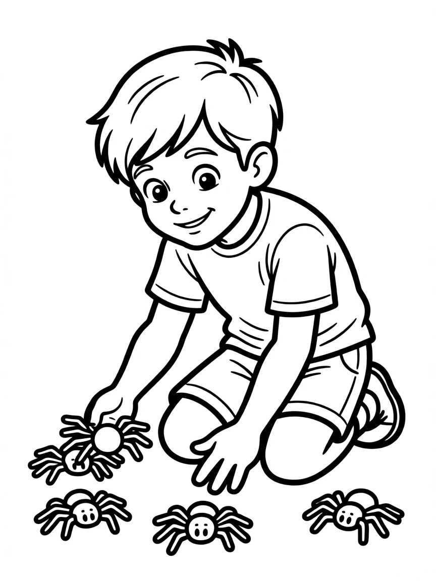 A boy playing with toy spiders, making them crawl.