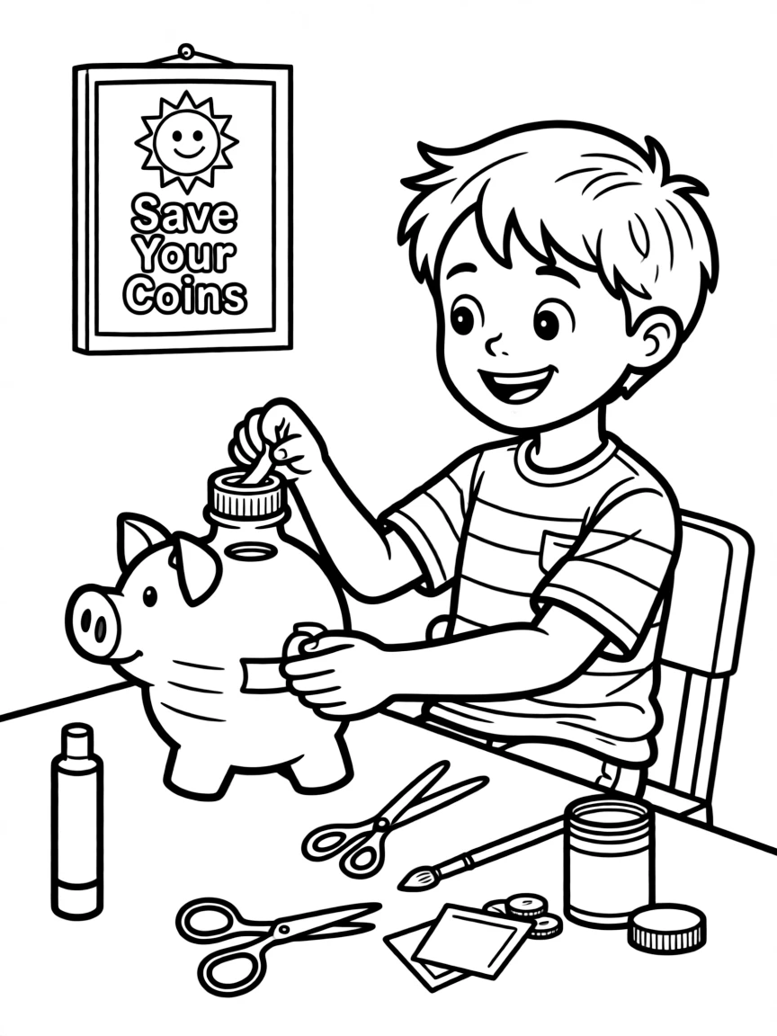 A boy making a "piggy bank" out of a recycled container.