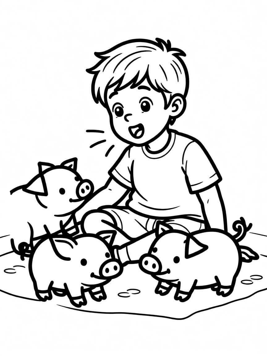 A boy playing with toy pigs, making oink sounds.