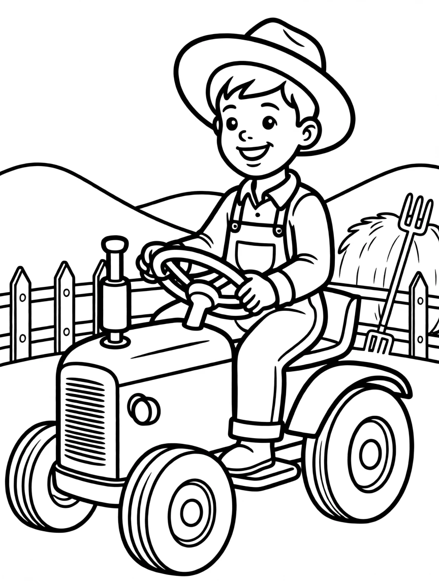 A boy pretending to be a farmer, driving a toy tractor.