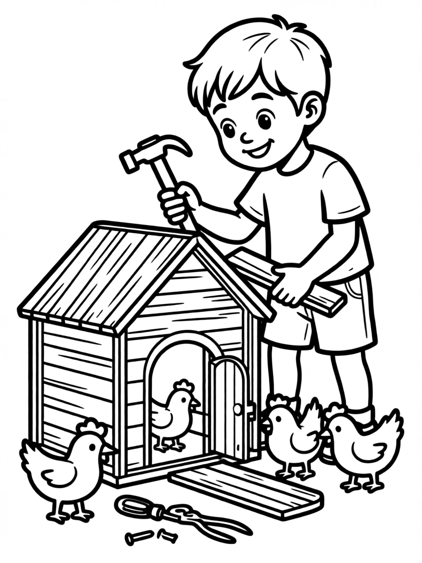 A boy making a "chicken coop" for toy chickens.