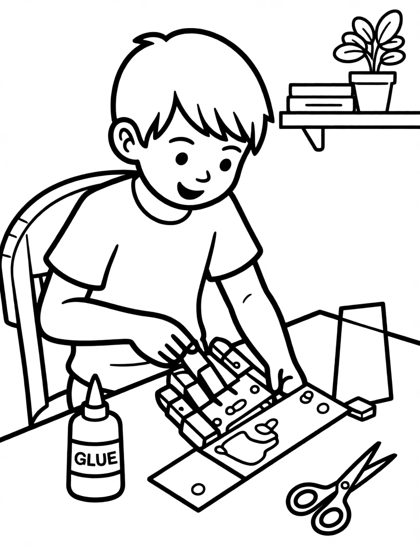 A boy making a "robot hand" out of cardboard.