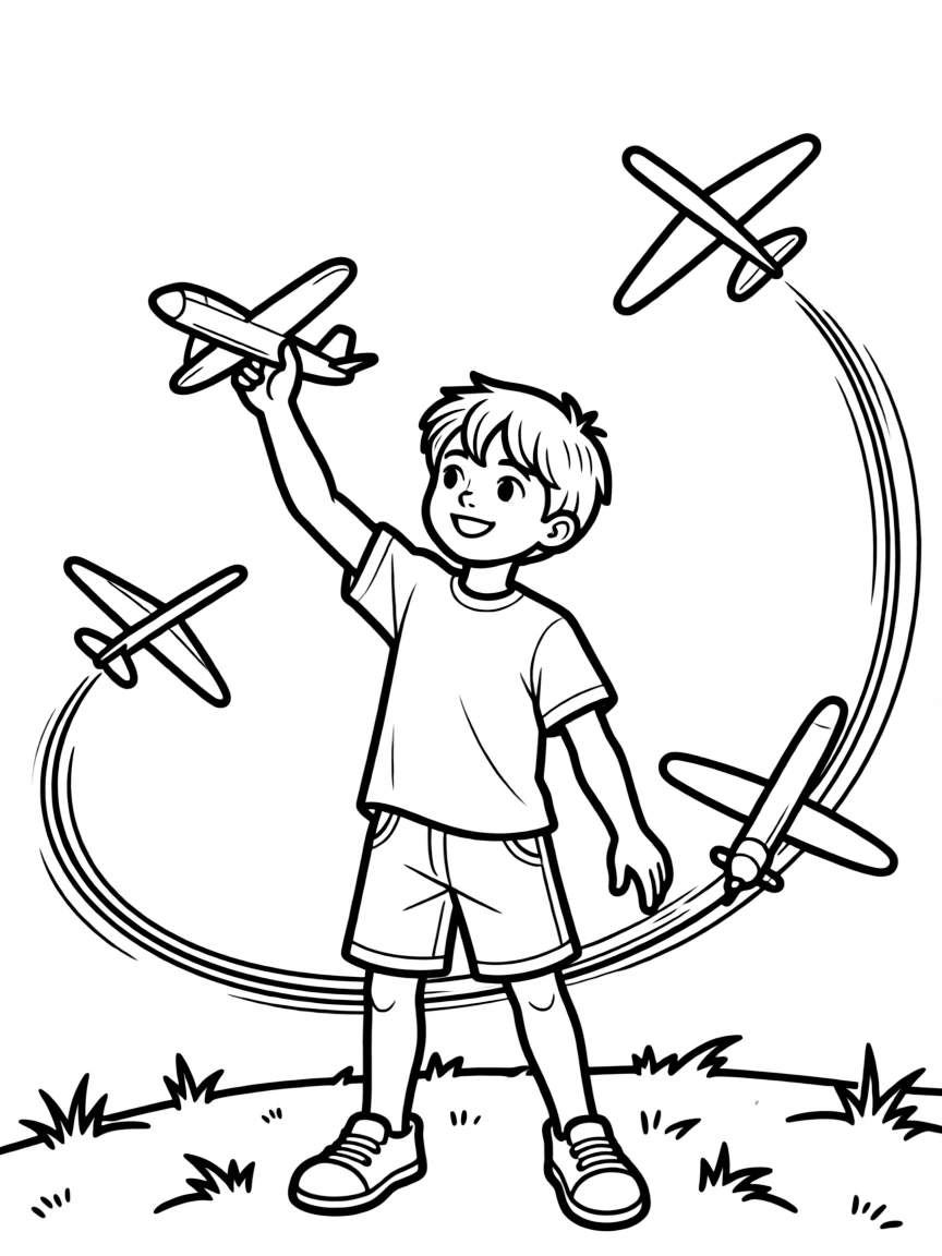 A boy playing with toy airplanes, performing aerial maneuvers.