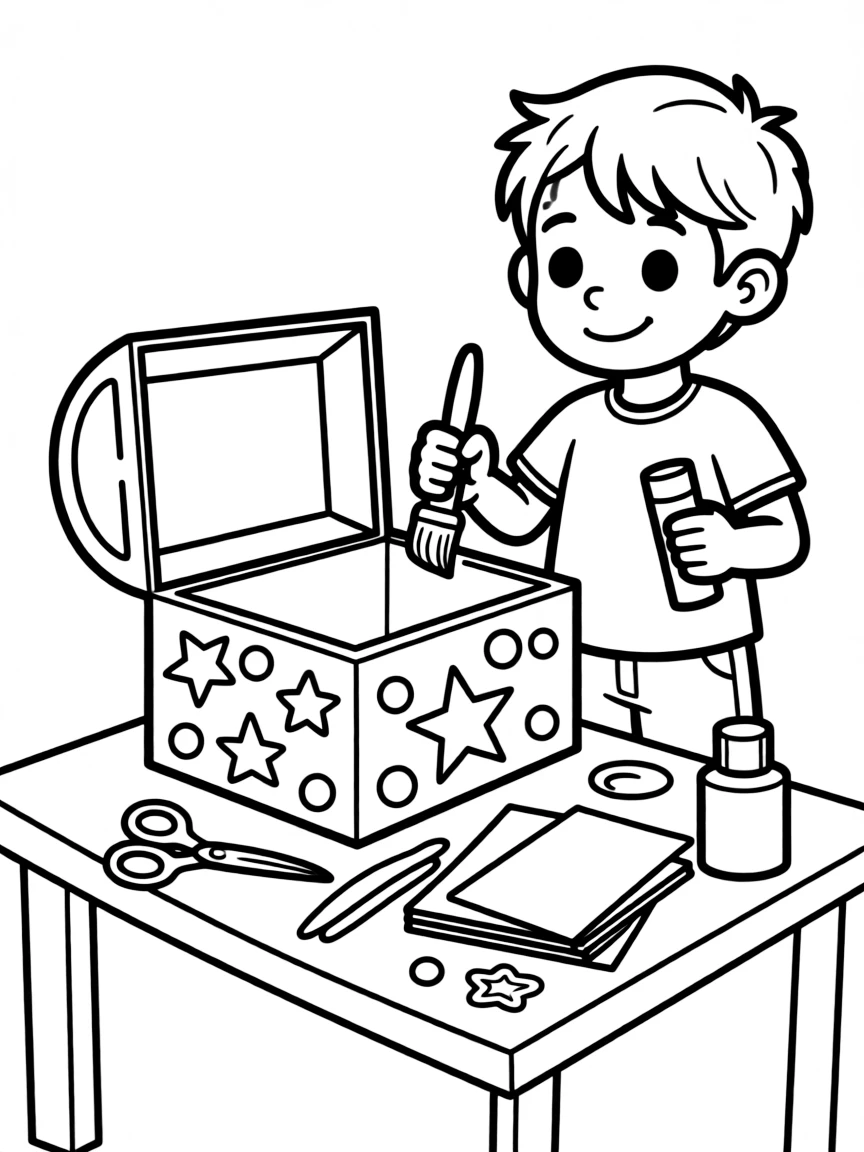 A boy making a "treasure chest" out of a shoebox.
