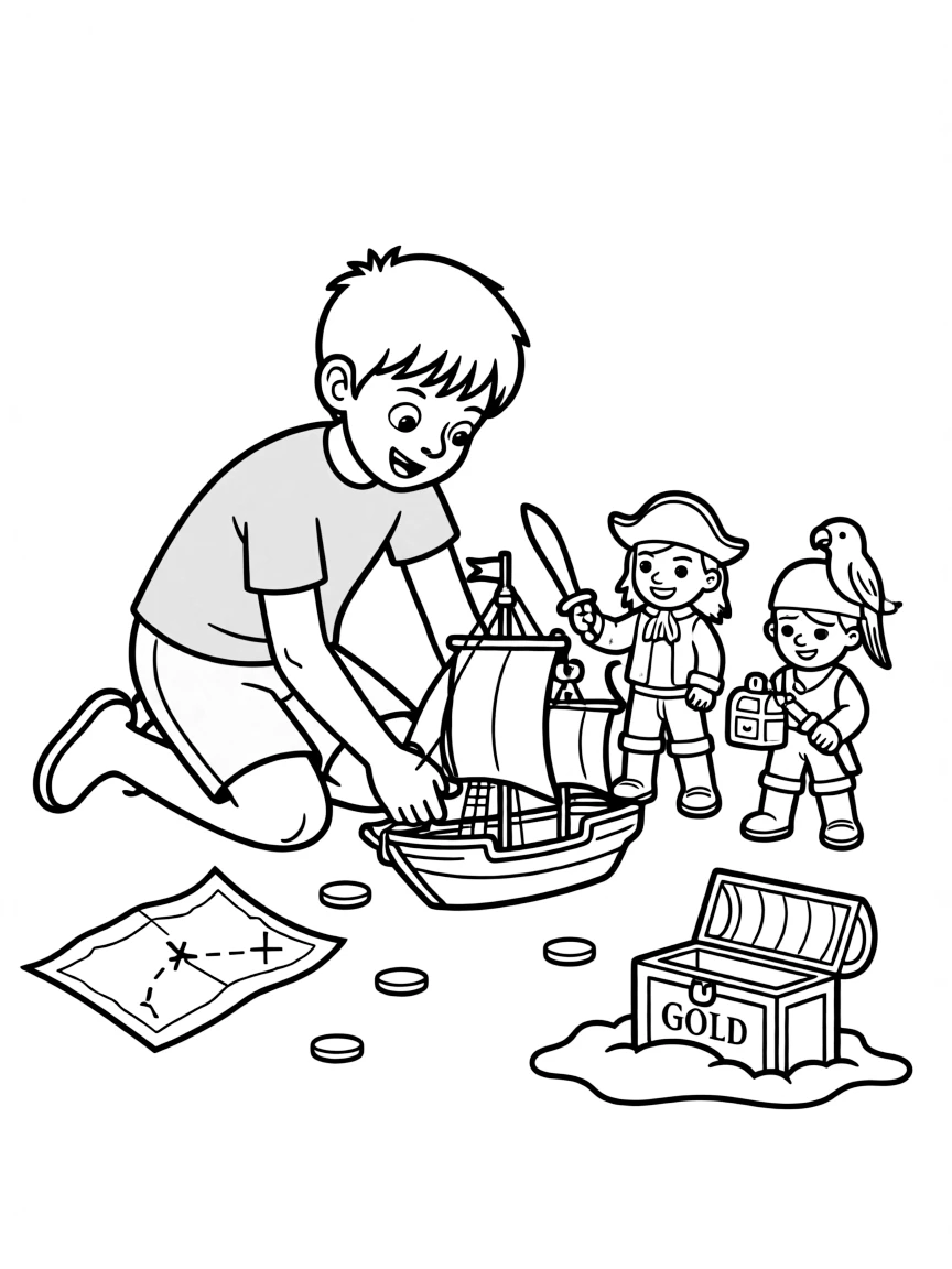 A boy playing with toy pirates, looking for hidden gold.