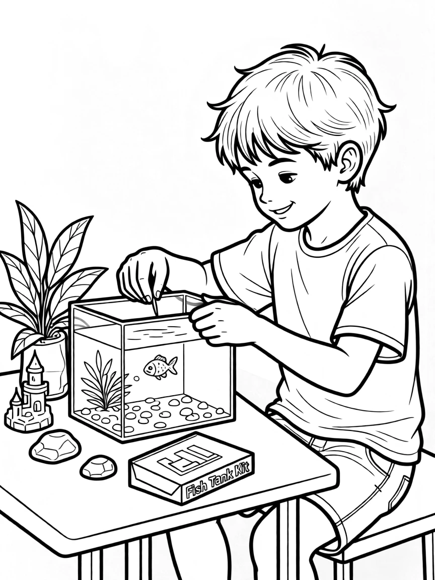 A boy making a "fish tank" out of a clear container.