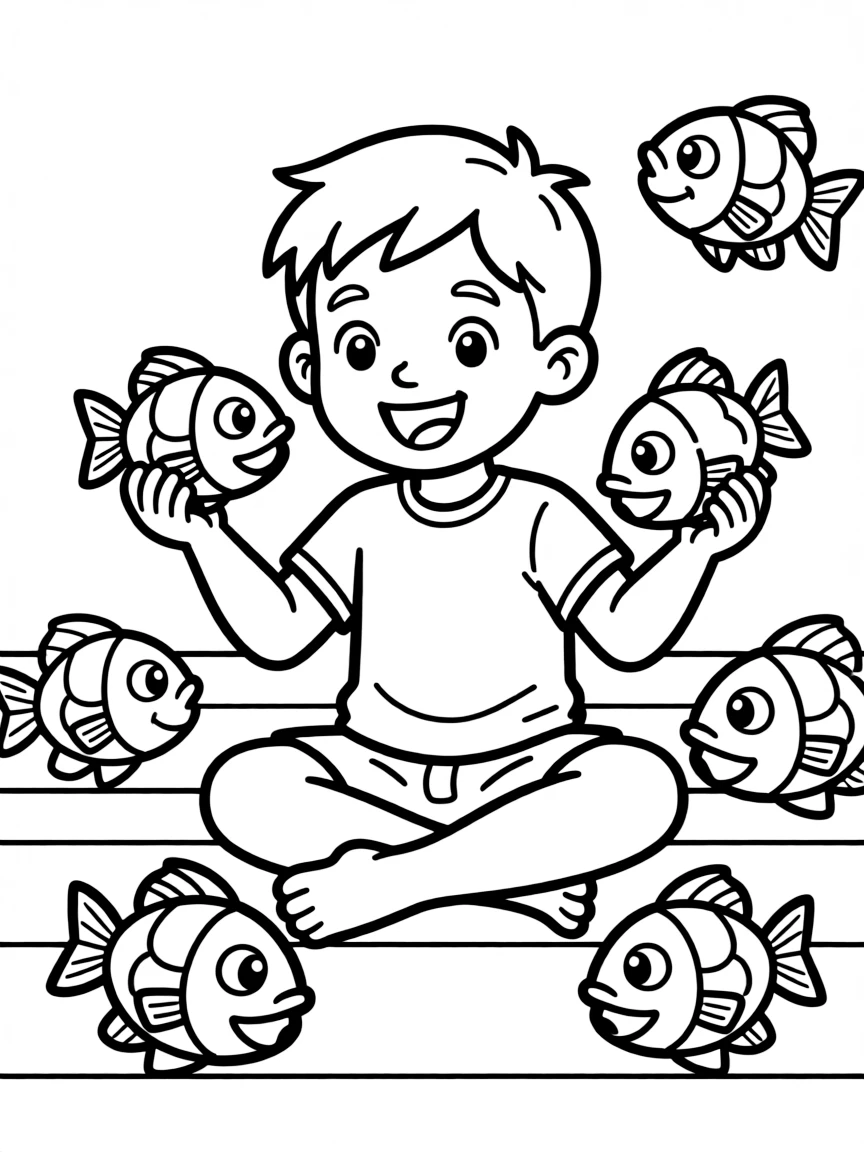 A boy playing with toy fish, making them swim.