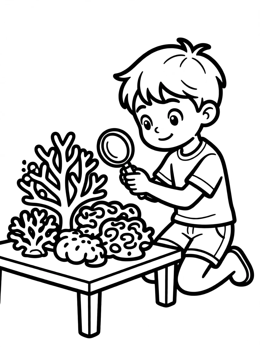 A boy pretending to be a marine biologist, studying toy coral reefs.
