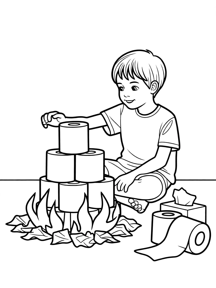 A boy making a "campfire" out of toilet paper rolls and tissue paper.