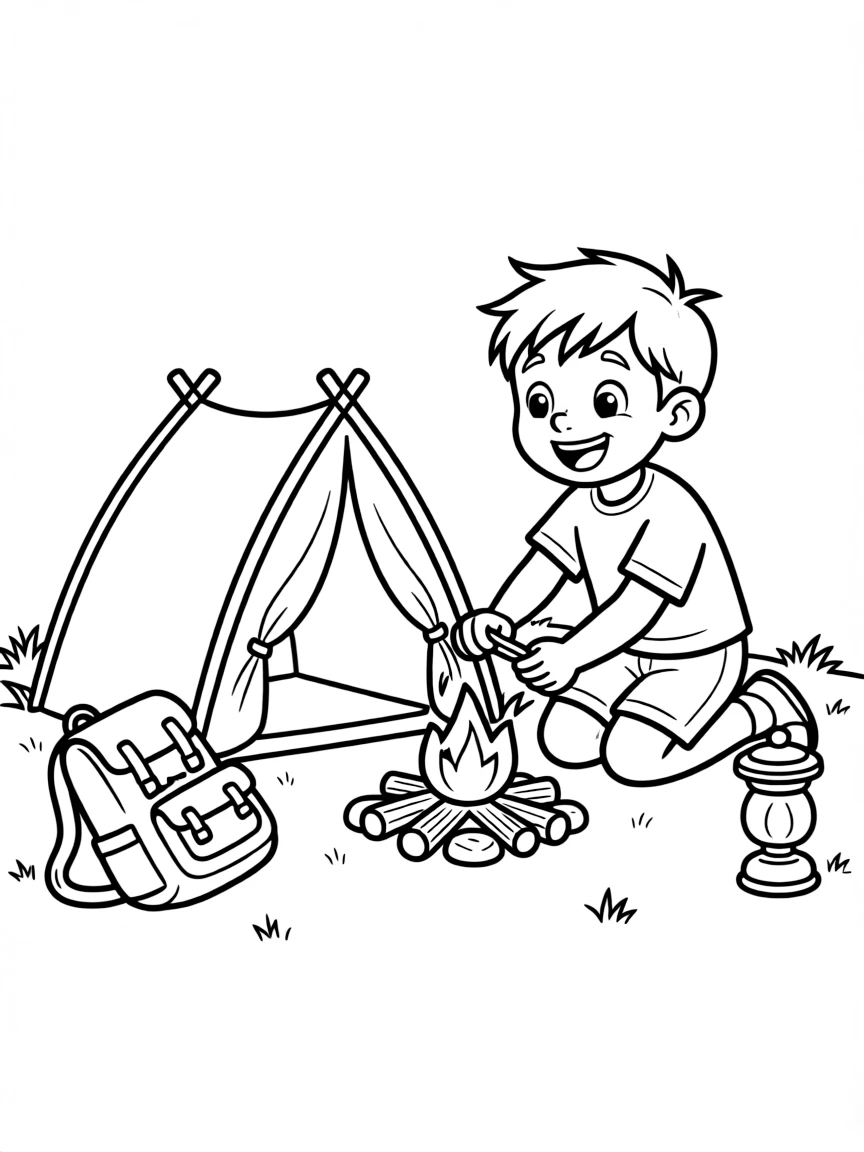 A boy playing with toy camping gear, setting up a pretend campsite.