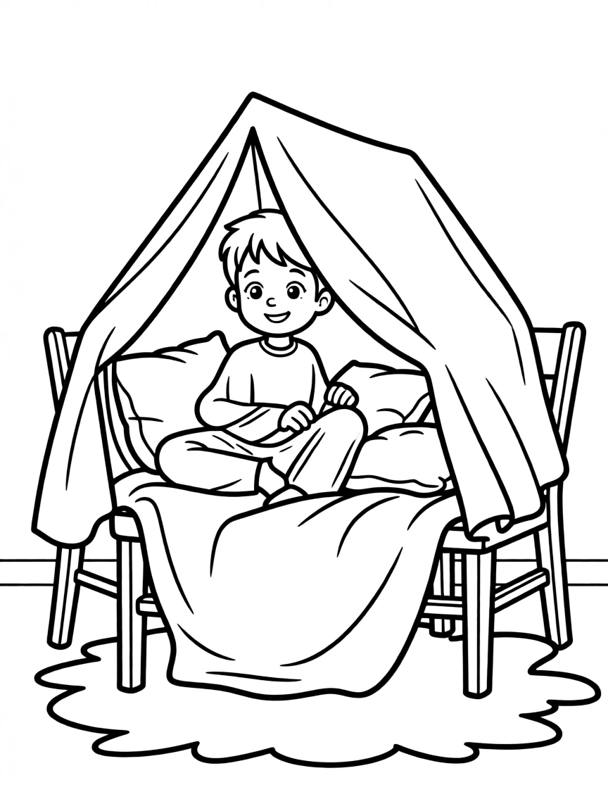 A boy making a "tent" out of a blanket and pillows.