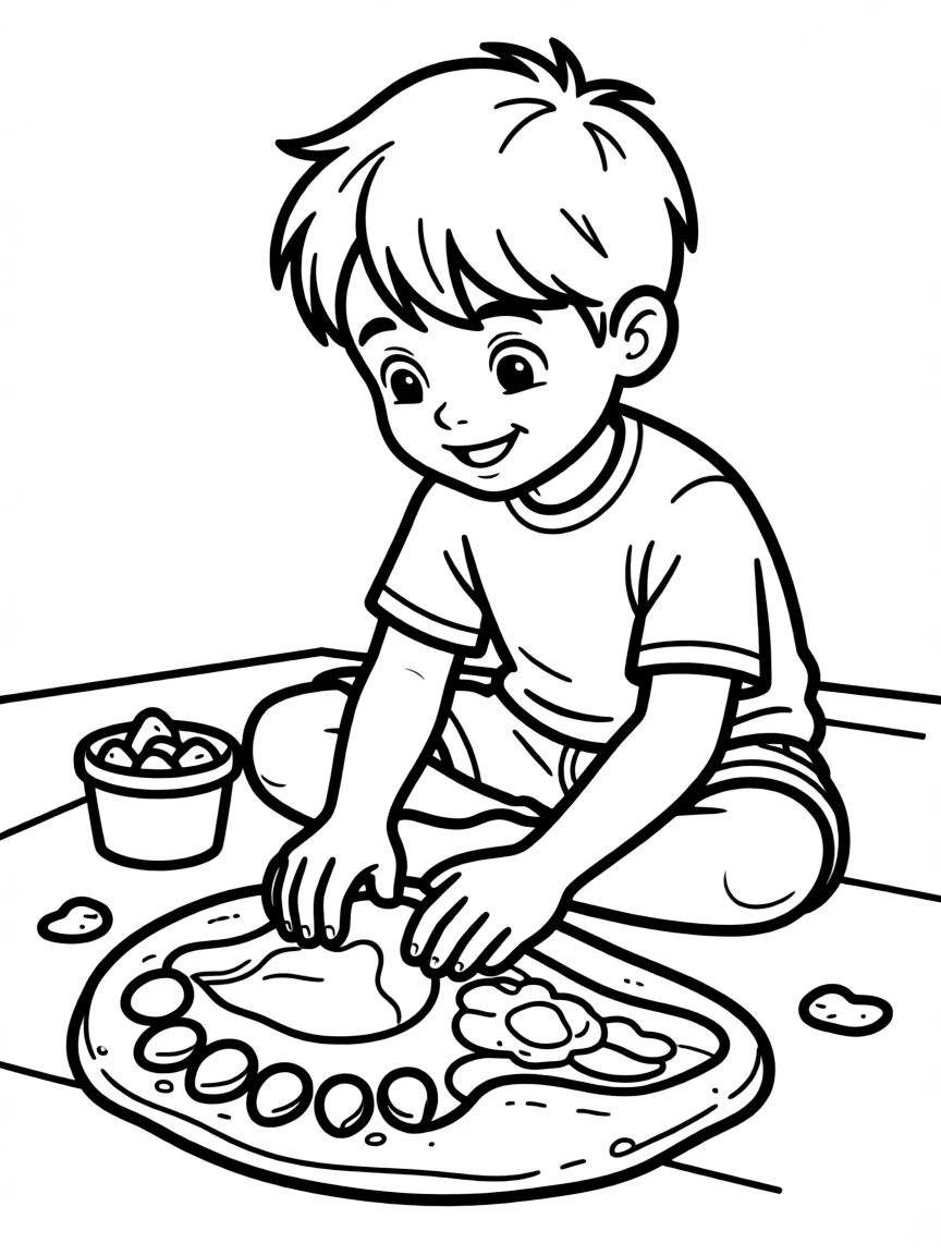 A boy making a "dinosaur footprint" with clay.
