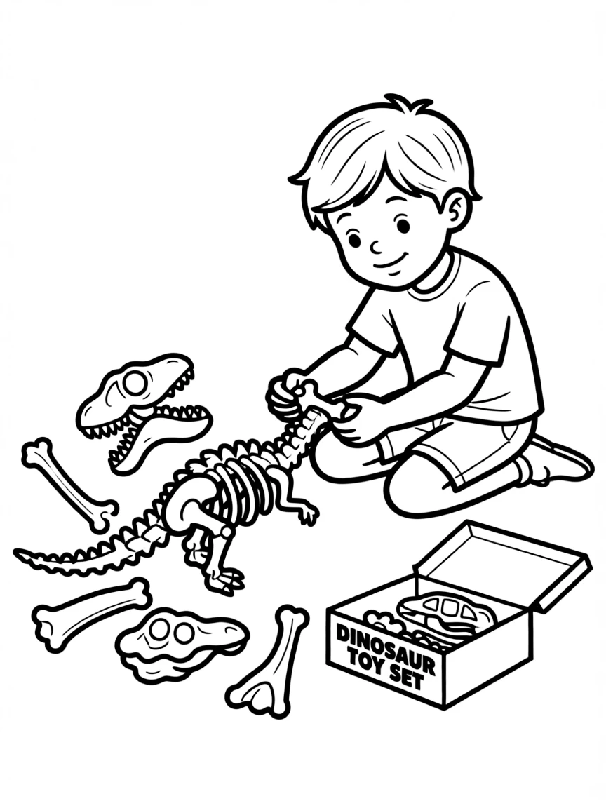 A boy playing with toy dinosaur skeletons, putting them together.