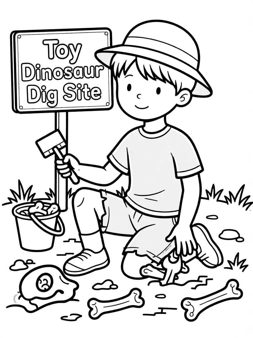 A boy pretending to be a paleontologist, digging for toy bones.