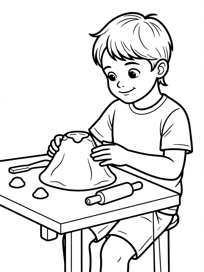 A boy making a "volcano" out of playdough.