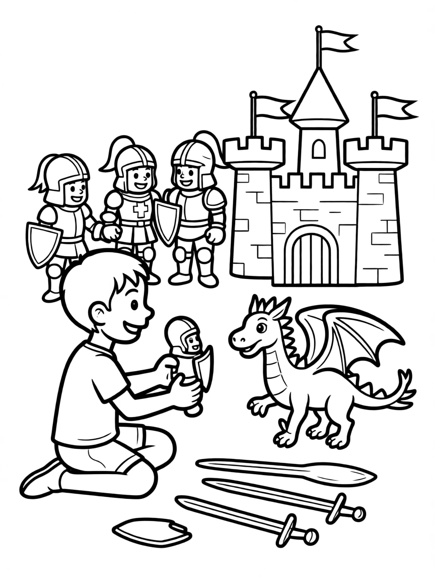 A boy playing with toy knights and dragons, battling for a castle.