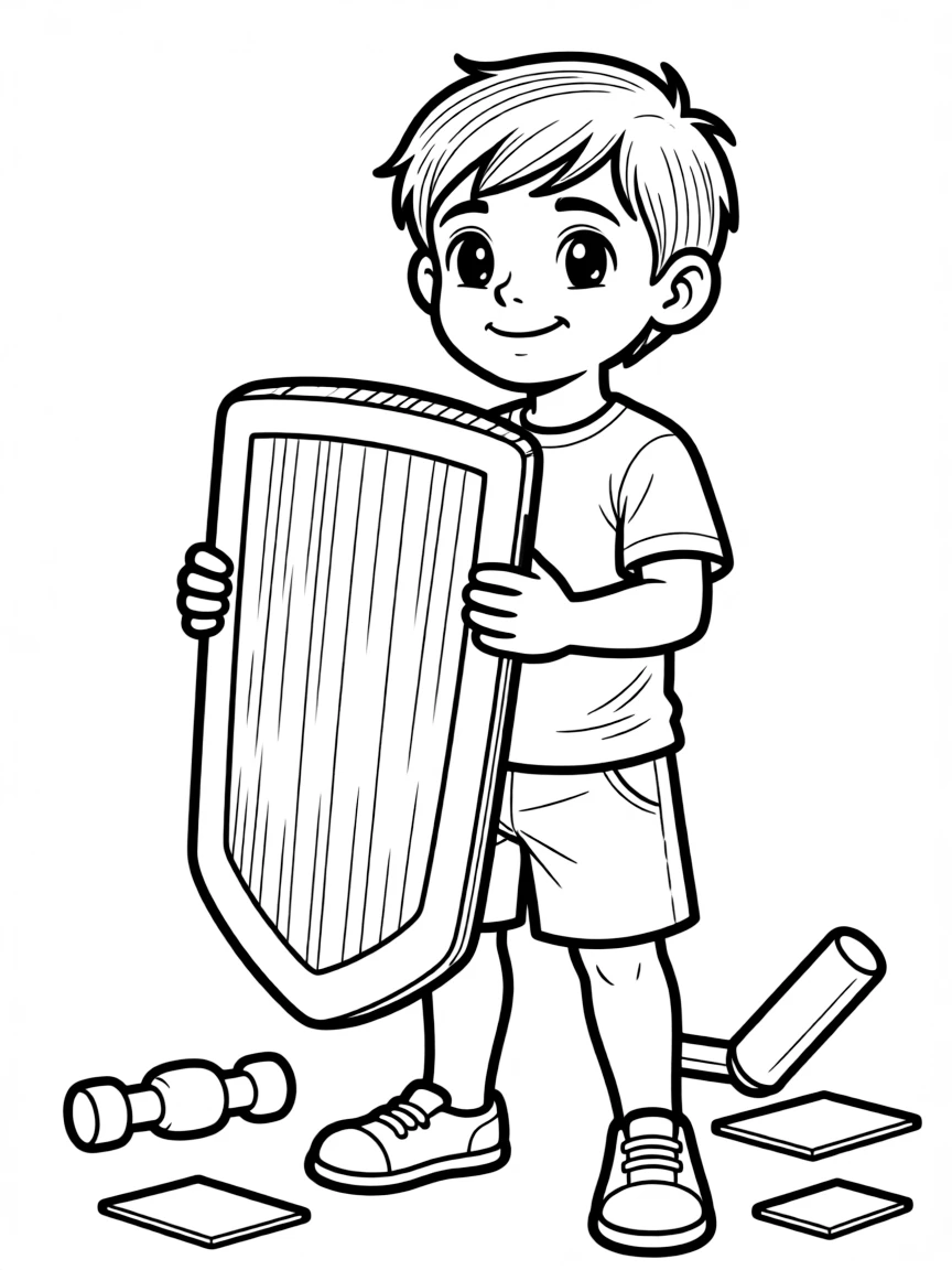 A boy making a "shield" out of cardboard.