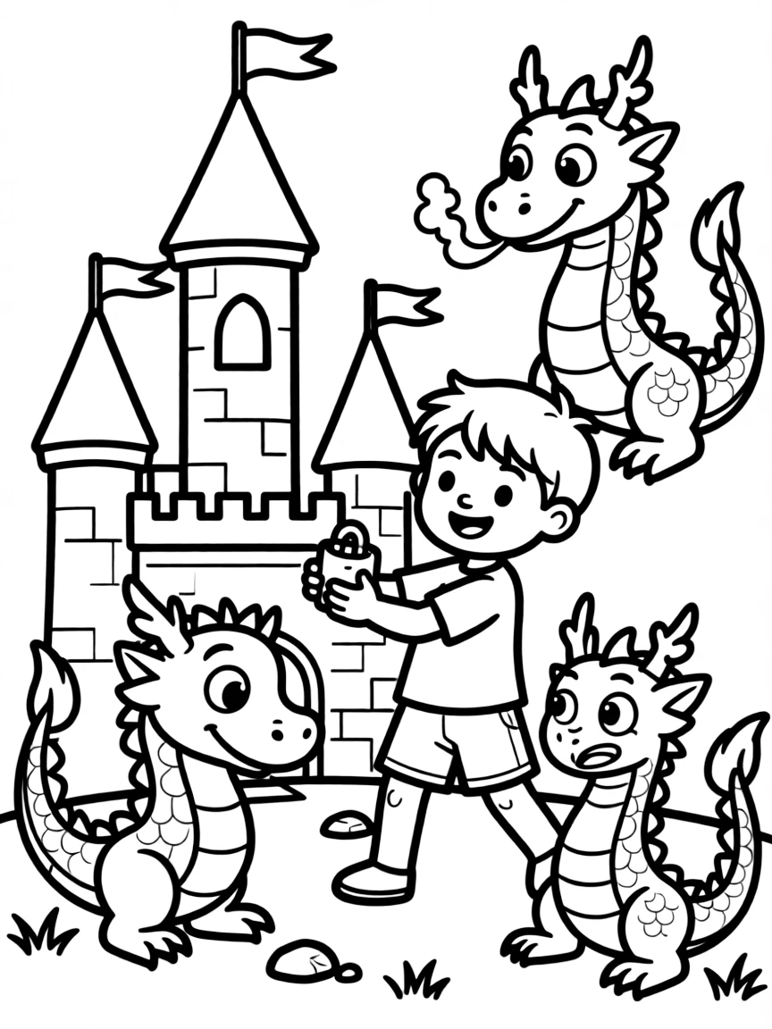 A boy playing with toy castles, defending them from dragons.