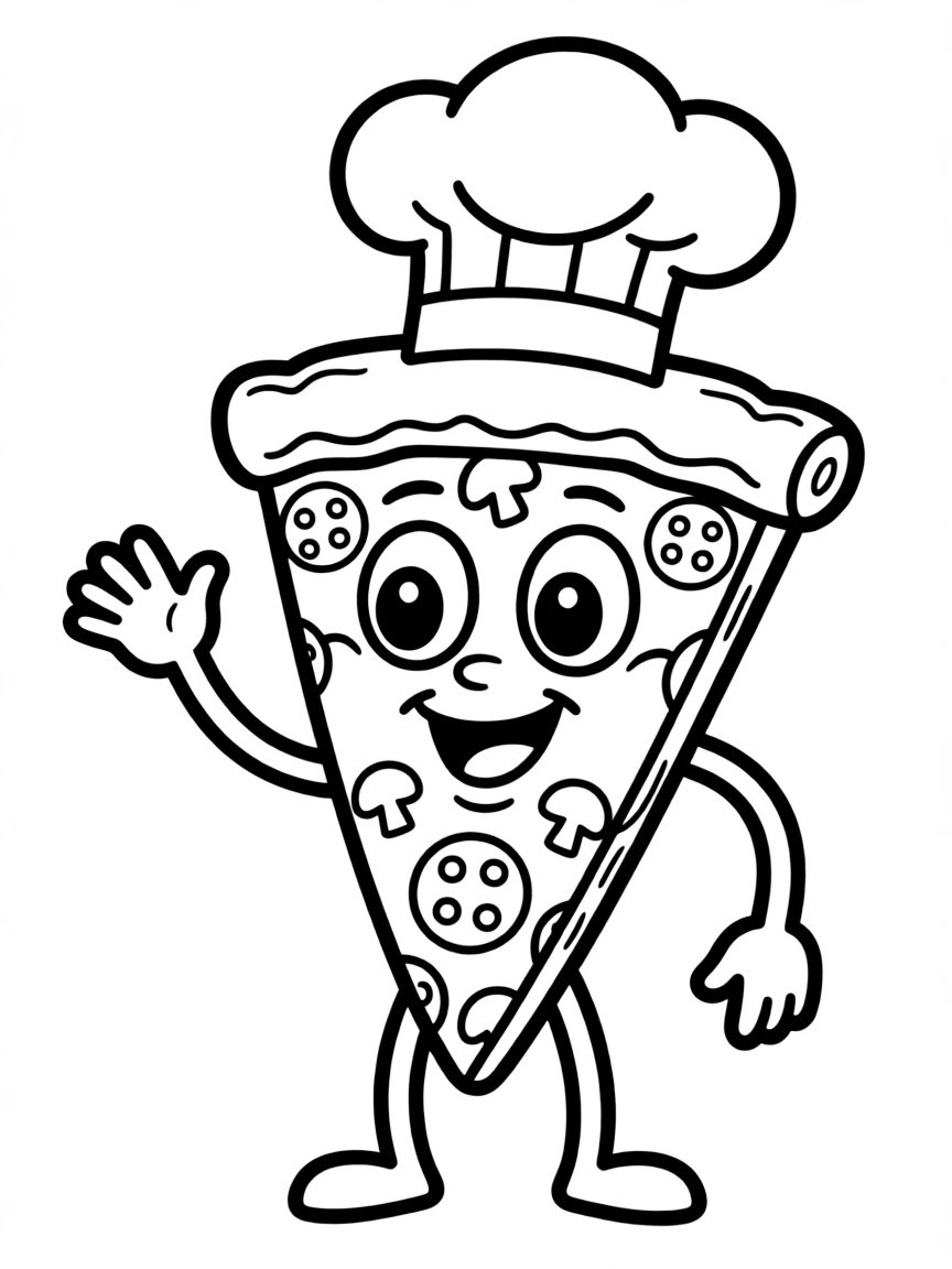 A happy pizza slice wearing a chef's hat.