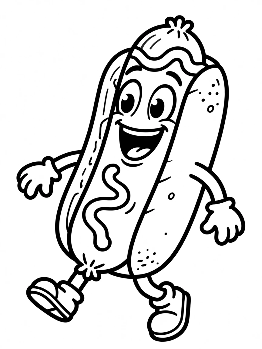 A giggling hot dog with a squiggly line of mustard.