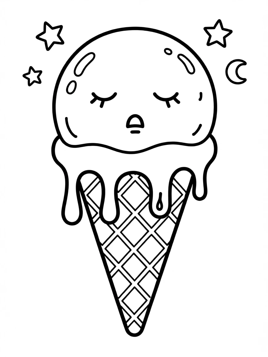 A sleepy ice cream cone with melting drips.