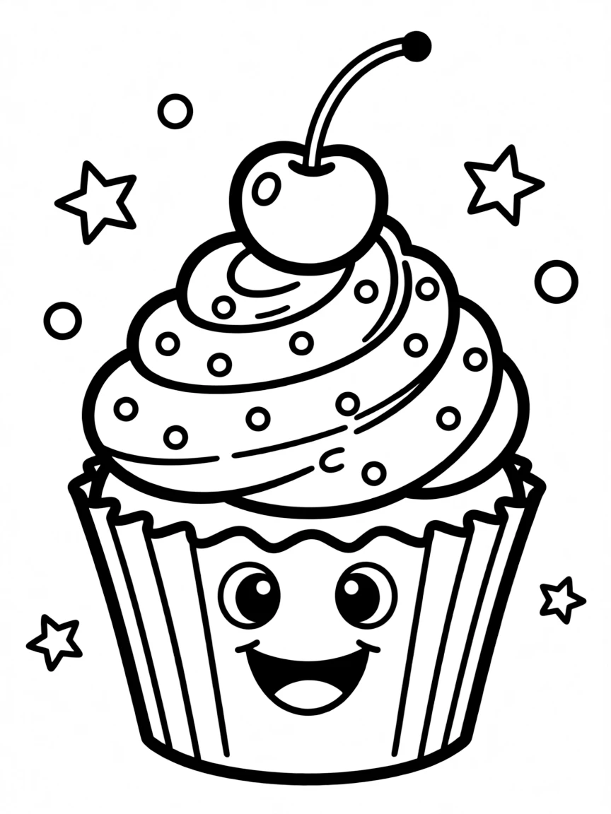 A joyful cupcake with a cherry on top.