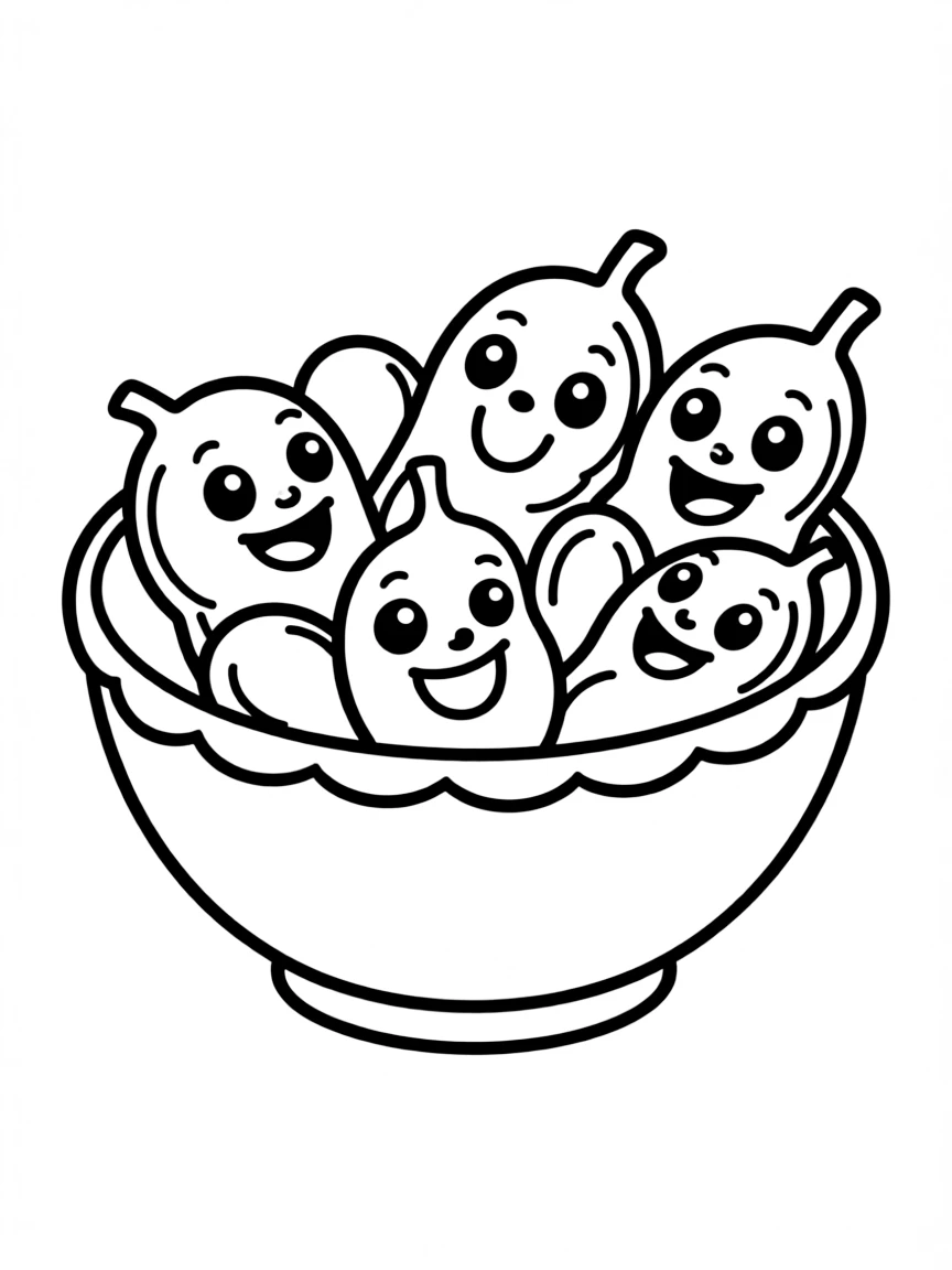 A tiny bowl of edamame with smiling beans.