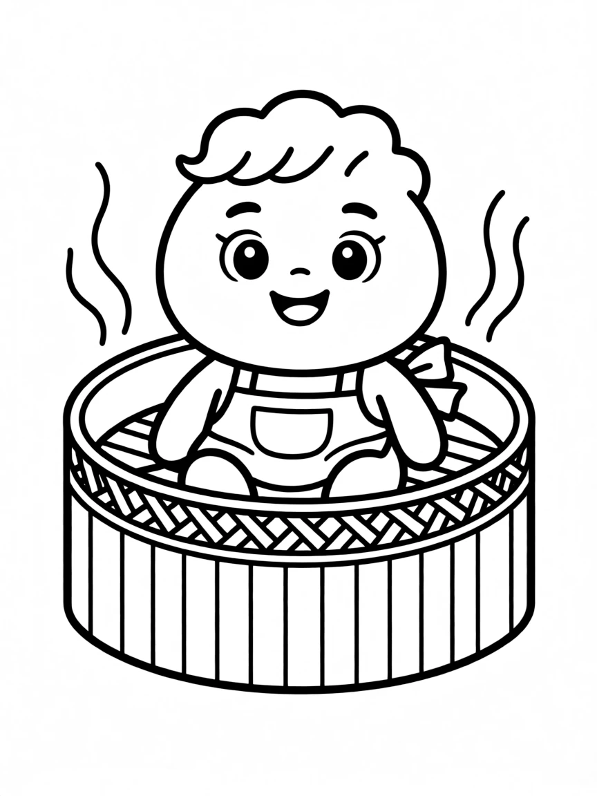 A friendly dumpling with a steaming basket.