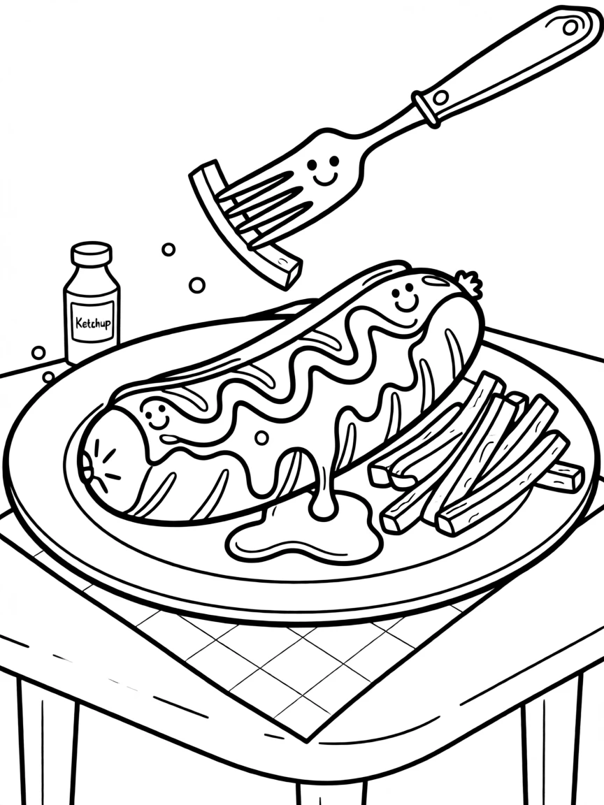 A fancy Currywurst with a happy drizzle.