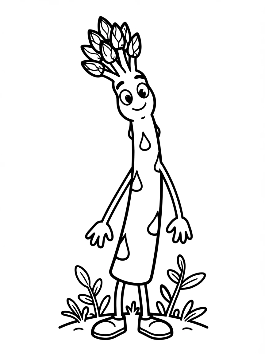 A whimsical espárragos with a long green stem.