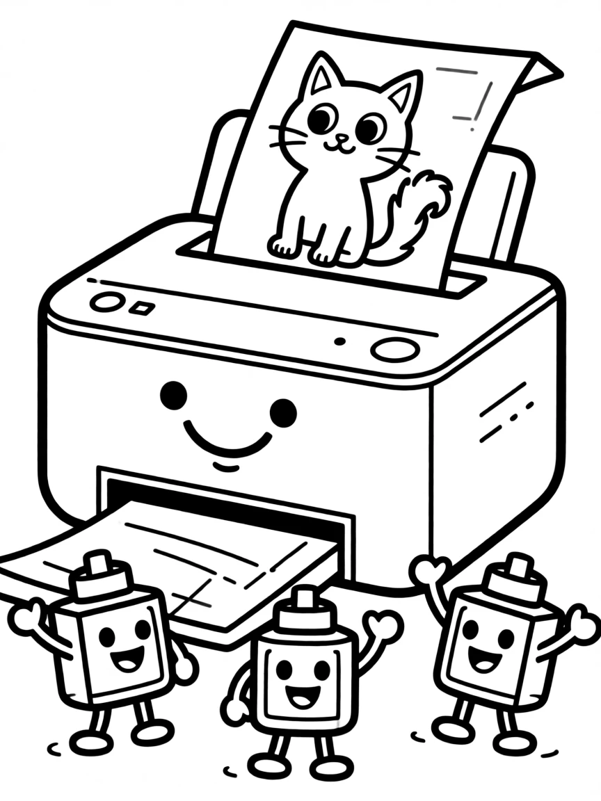 A busy printer happily spitting out a page with a picture of a cat, with little ink cartridge friends cheering it on.