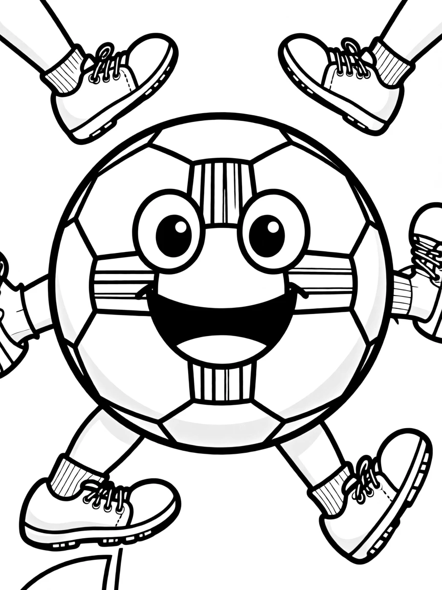 A bouncy soccer ball with stripes and a happy face, ready to be kicked around by some playful feet.