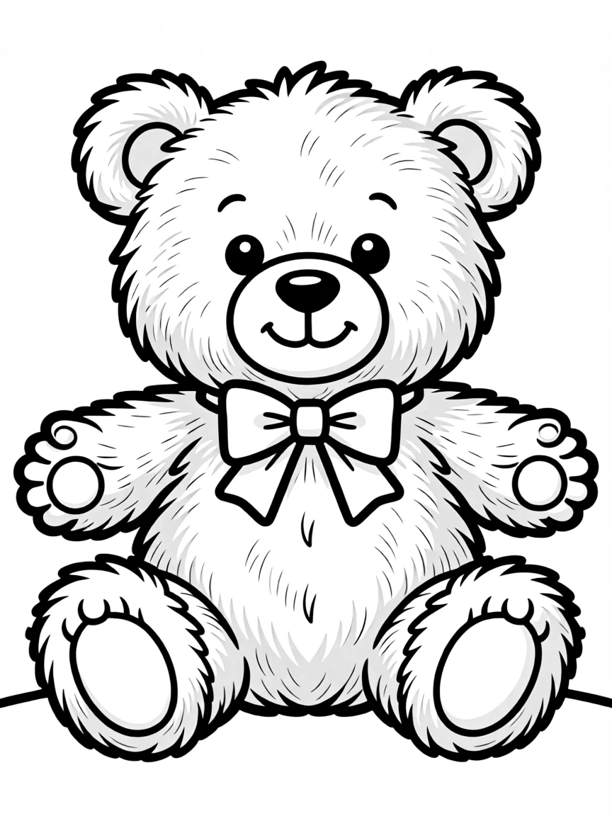 A soft, fluffy teddy bear with a bow tie, sitting cozily and inviting a hug.