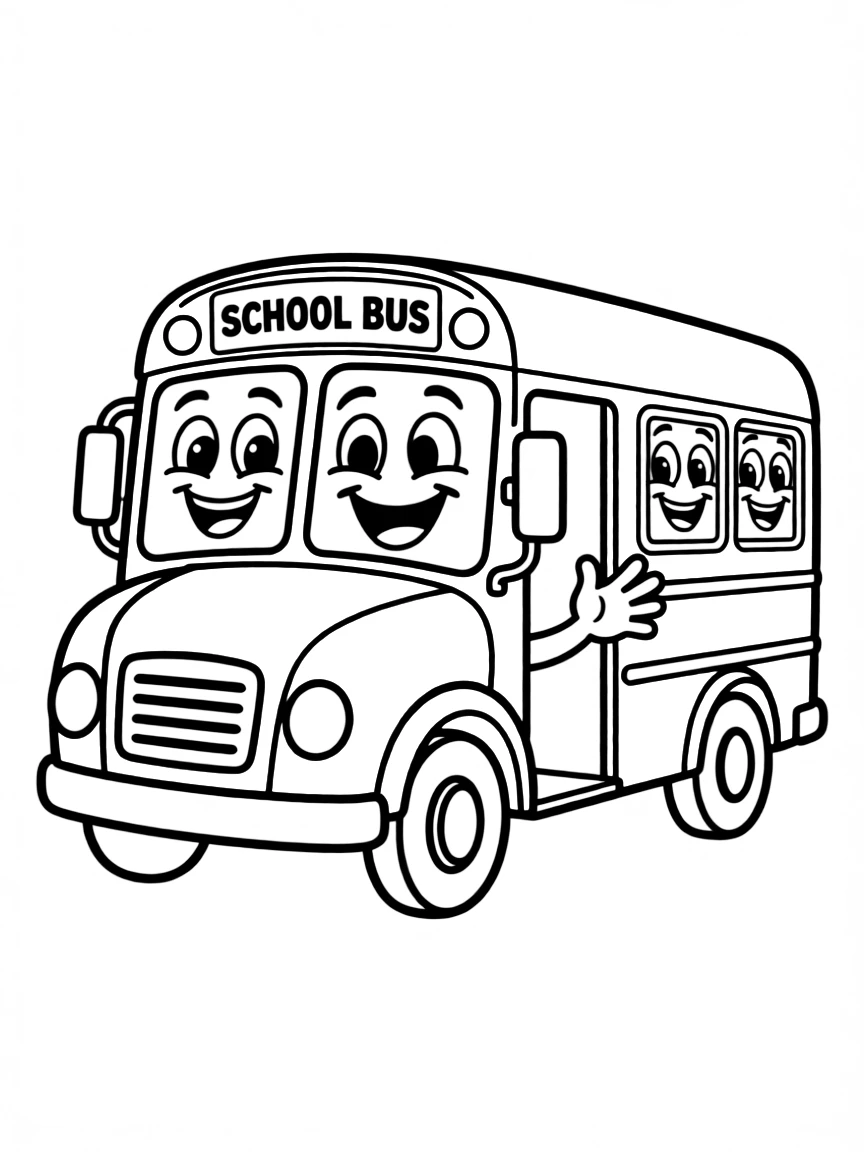 A bright yellow school bus with smiling windows and a door that looks like it's waving goodbye.