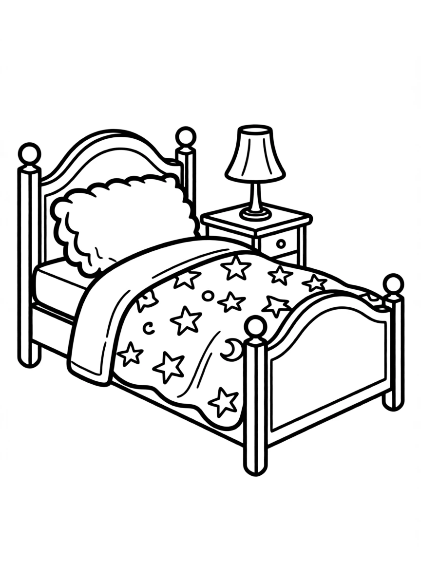 A cozy bed with a comfy blanket and a fluffy pillow, waiting for a sleepy child.