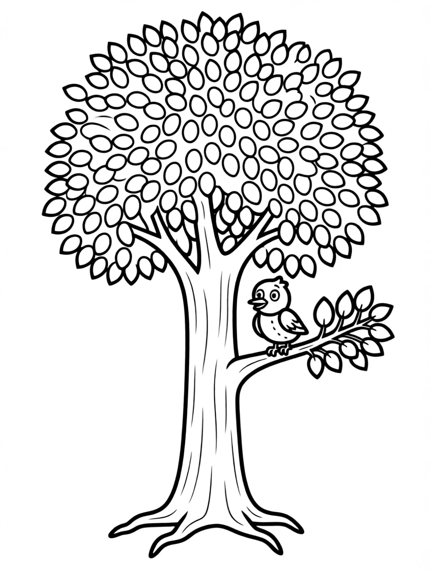 A tall, green tree with lots of leaves and a friendly bird perched on one branch.