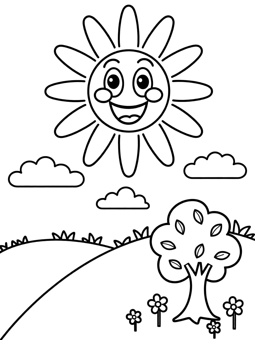 A cheerful sun with big rays, smiling down on the world.