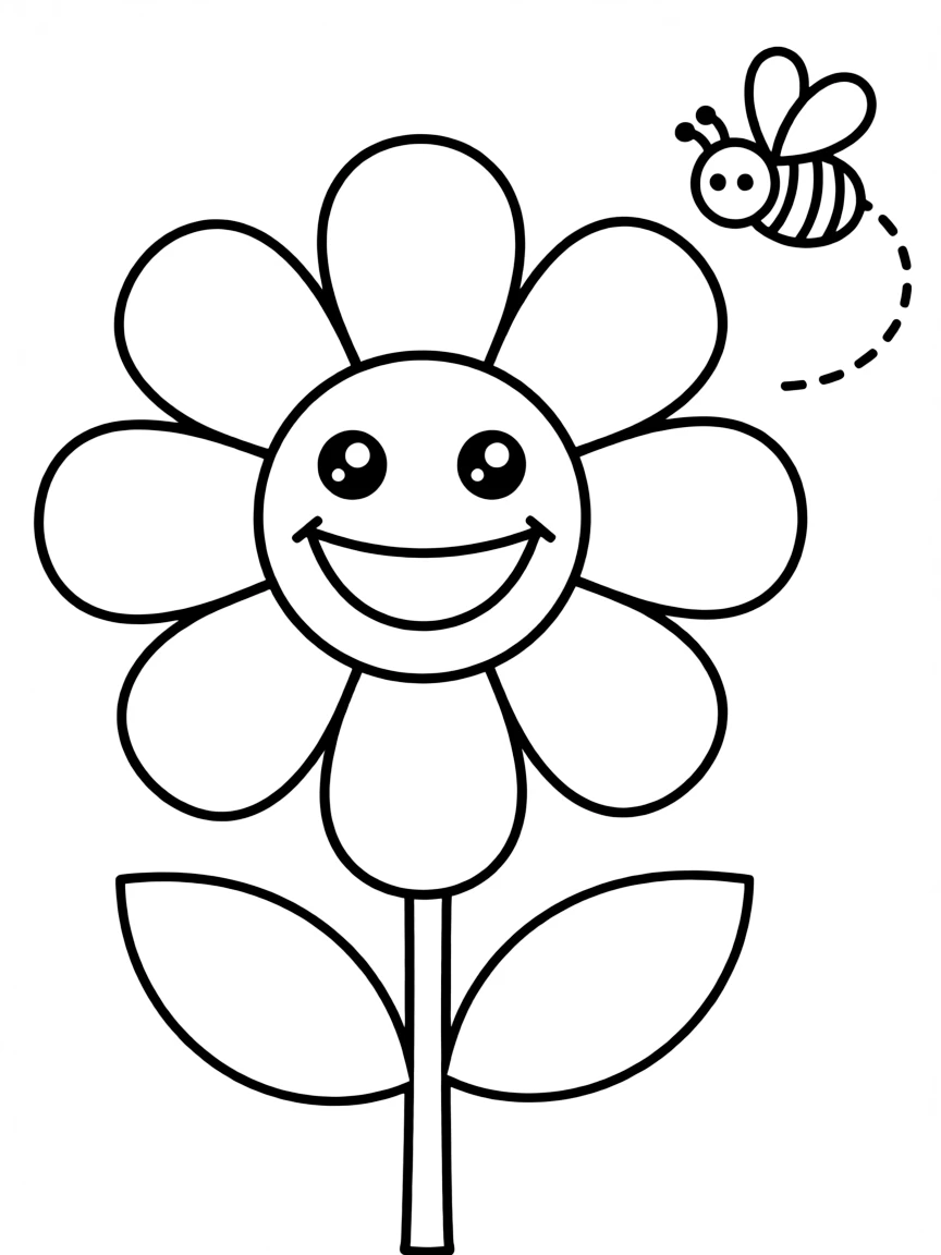 A happy flower with big petals and a buzzing bee flying nearby.