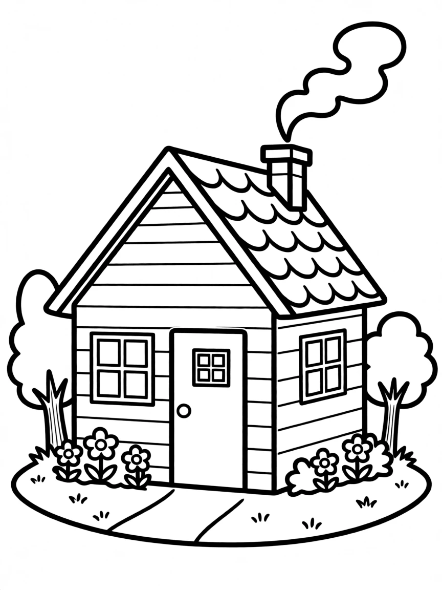 A cute little house with a smoking chimney and a welcoming front door.