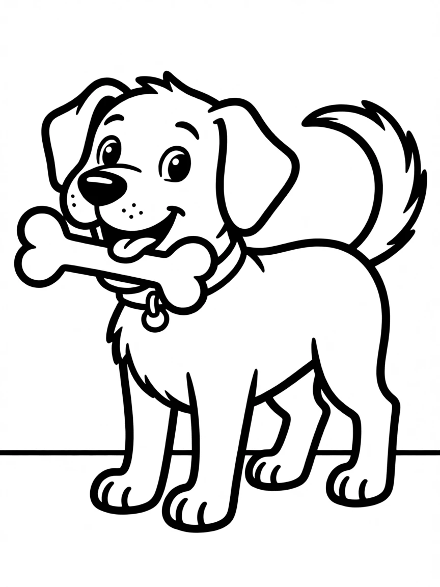 A playful dog wagging its tail and holding a bone.