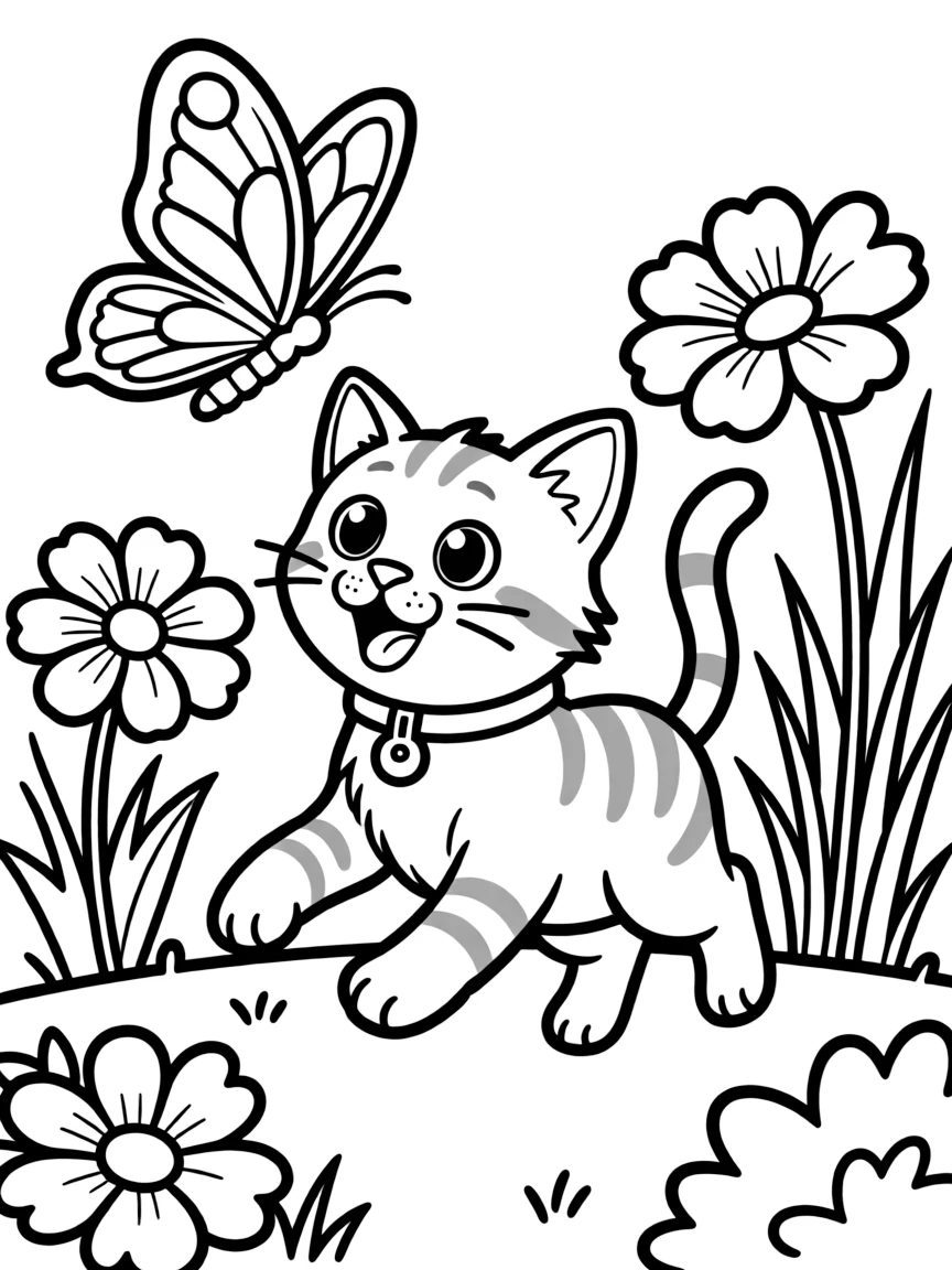 A curious cat chasing a butterfly in a garden.