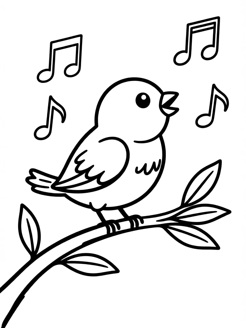 A tiny bird singing on a branch with musical notes floating around.